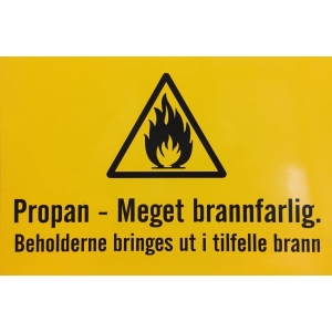 Skilt "PROPAN - meget brannfarlig" (Fluoriserende)