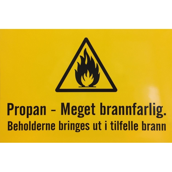 Skilt "PROPAN - meget brannfarlig" (Fluoriserende)
